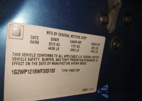 1998 Pontiac Grand Prix Gt from USA, damaged, VIN 1G2WP1218WF309100